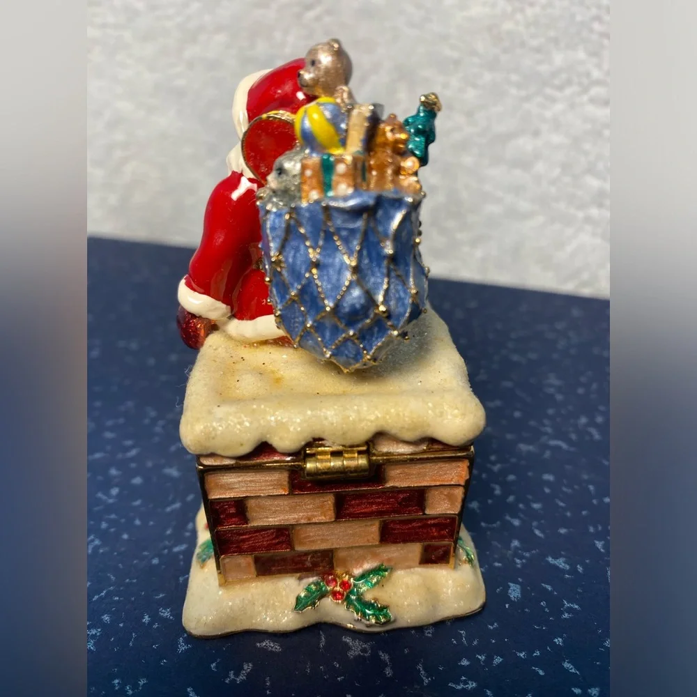 Kubla Crafts Bejeweled Enamel Over Pewter Santa on Chimney Trinket Box